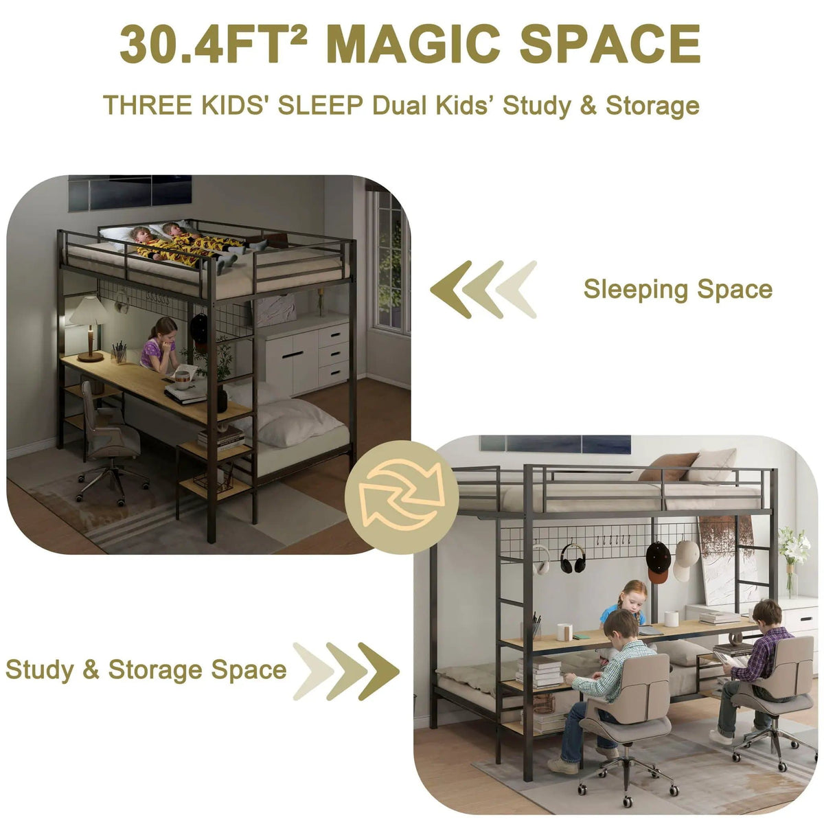 Ethan Bunk Bed With Desk, Charging Station, Storage Shelves | 2 Pieces | Metal | Bedroom