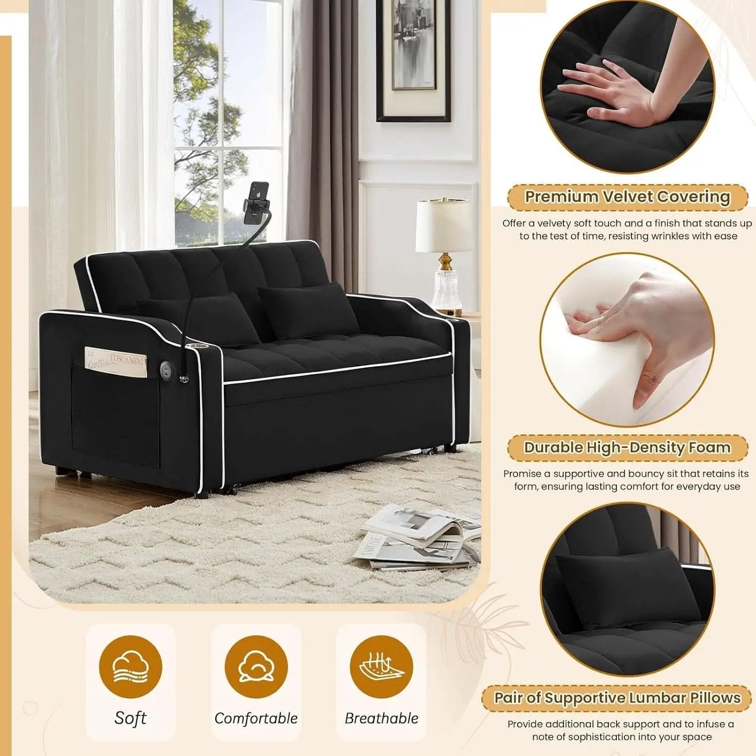 Black Velvet Luxe Sleeper Sofa Bed USB Charging Port from PriceLows™