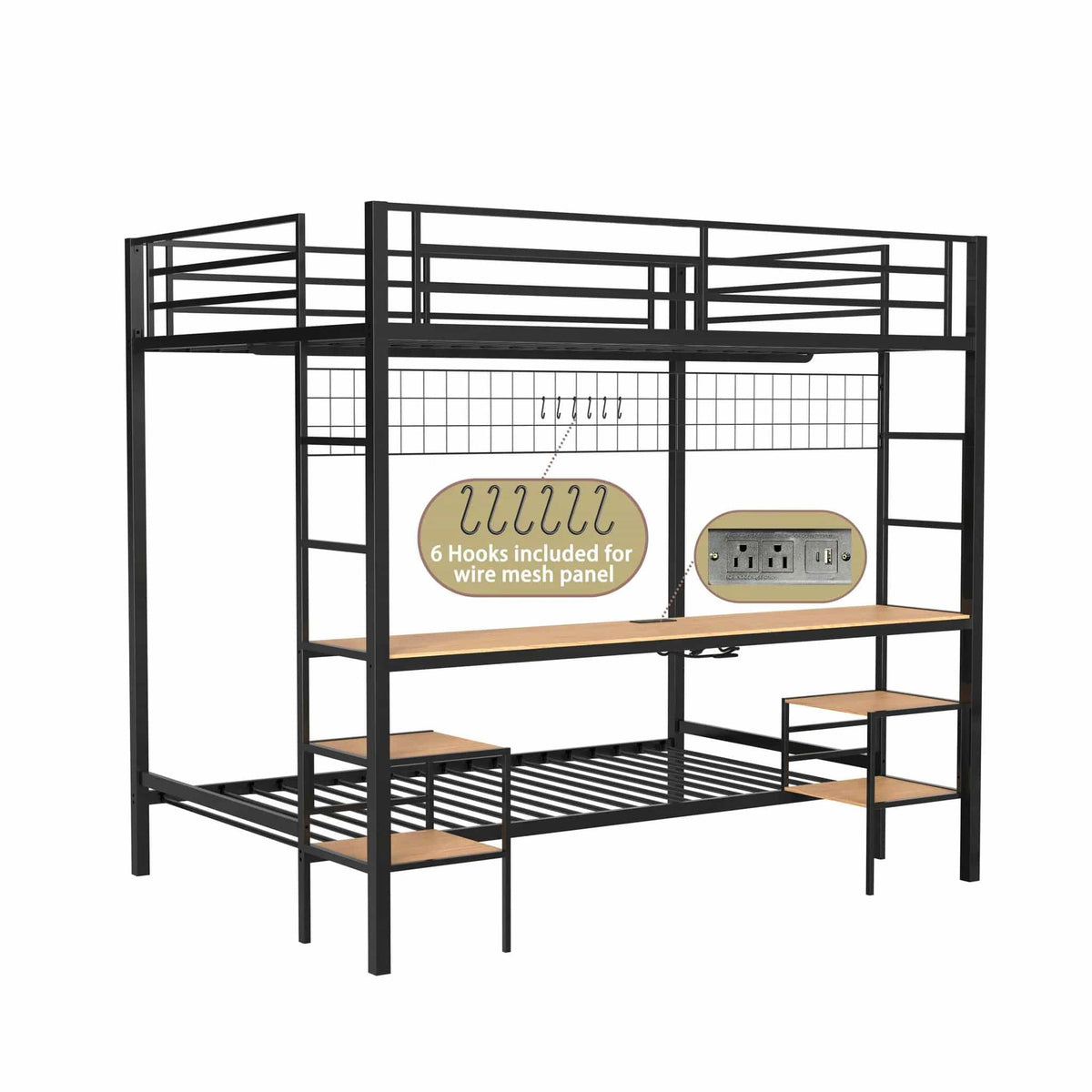 Ethan Bunk Bed With Desk, Charging Station, Storage Shelves | 2 Pieces | Metal | Bedroom