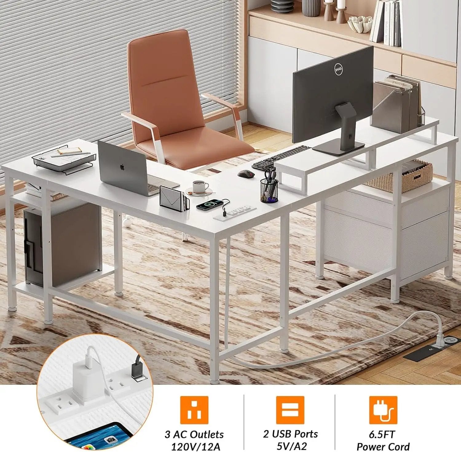 White Fifty Nine Inch L Shaped Desk With Power Outlets from PriceLows™
