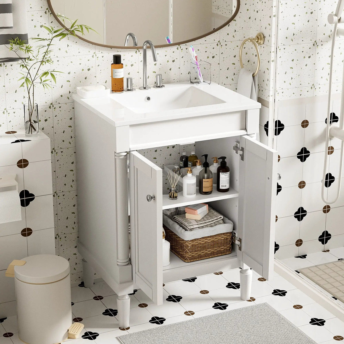 24 Inch Bathroom Vanity With Top Sink | 2 Tier Storage Cabinet | Retro Metal Handles | Soft-Closing Hinges