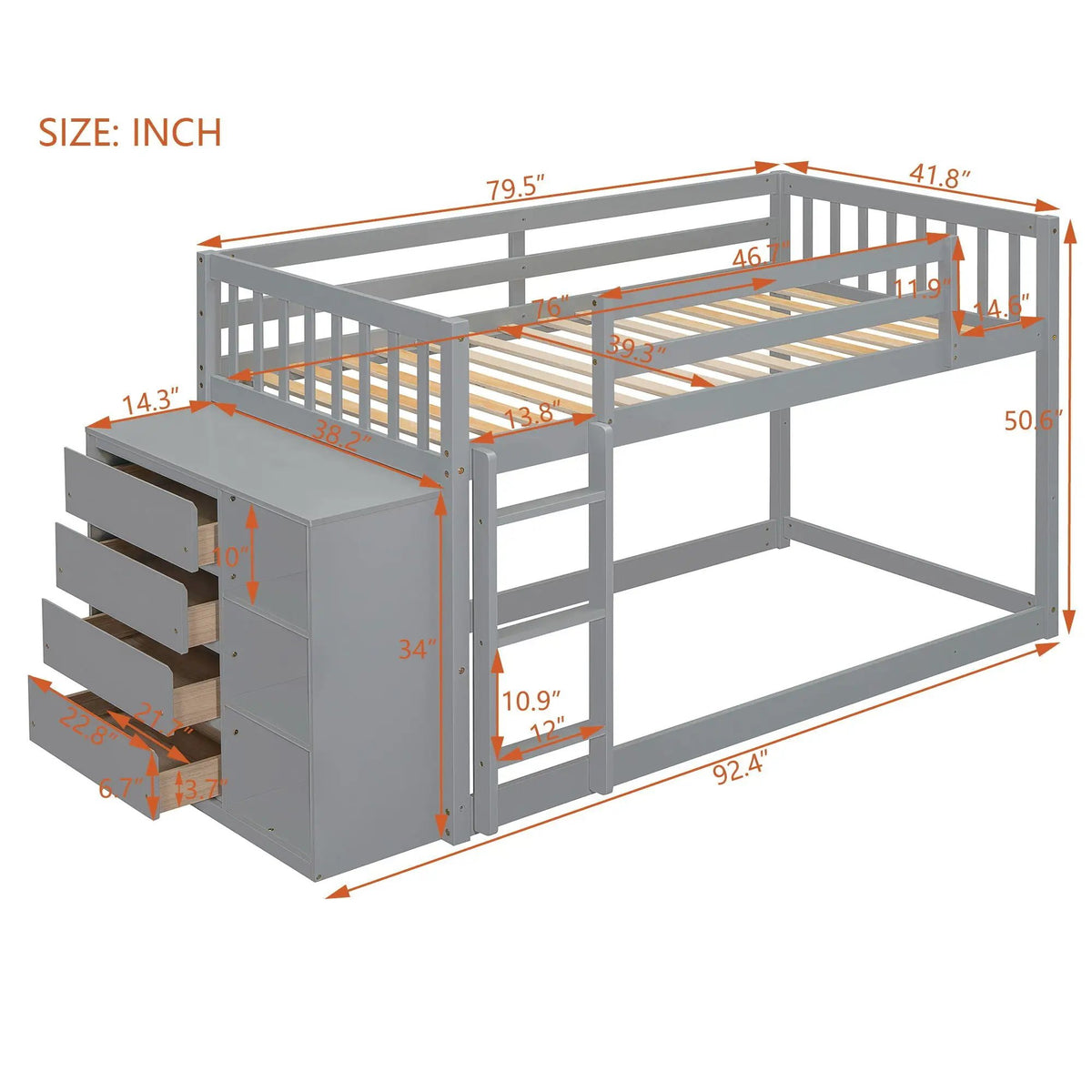 Bunk Bed | Solid Pine Frame | Four Drawers And Three Shelves | Full Size