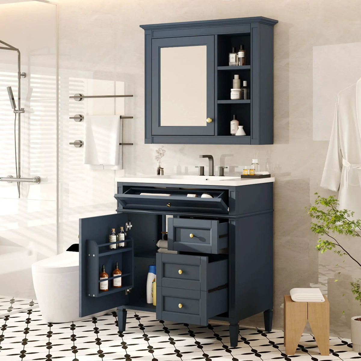 Bathroom Vanity With Top Sink, 2 Doors And 3 Drawers, Freestanding Set With Mirror | Vanity & Cabinet | Solid Wood & Ceramic | Bathroom
