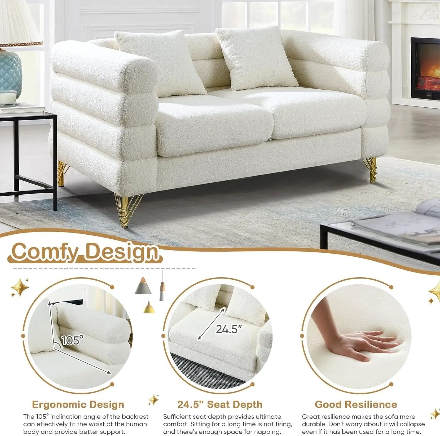 Two Piece Living Room Sofa Set White Teddy Boucle With Loveseat And Three Seater Deep Seat Cushioned Upholstered Sofa from PriceLows™