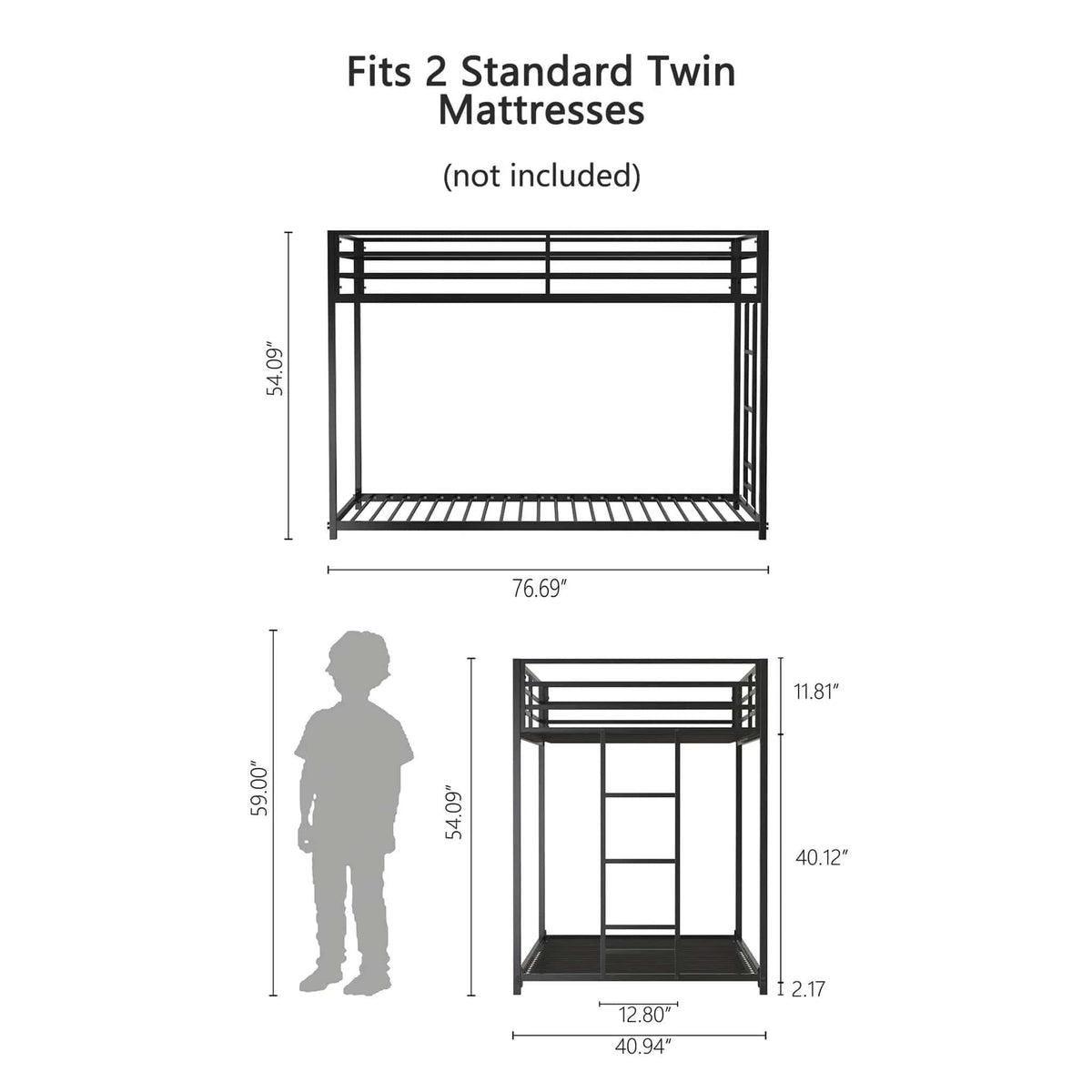 Adam Bunk Bed | 3 Pieces | Metal | Bedroom