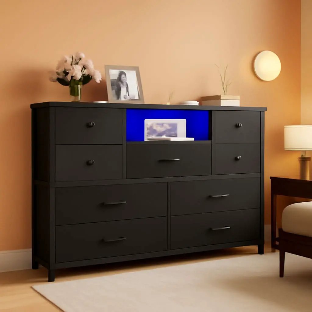 Charcoal Nine Drawer Wardrobe TV Stand With LED Lighting from PriceLows™