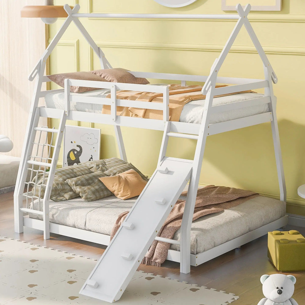 House Bunk Bed | Twin Over Queen | Solid Pine | Climbing Net And Ramp