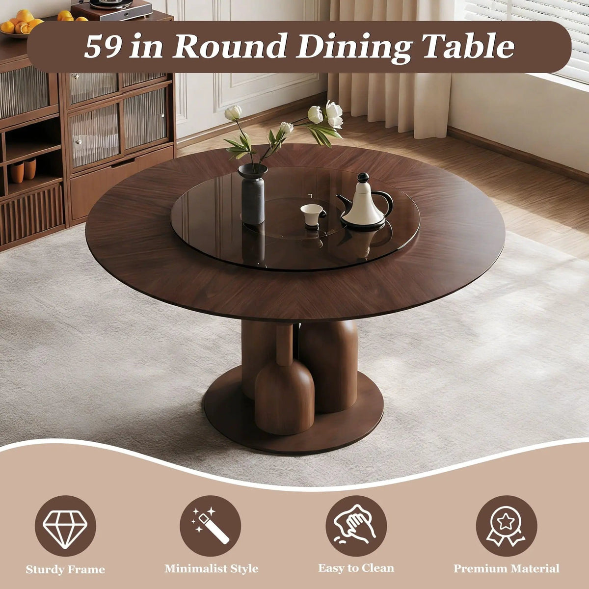 Round Dining Table With Lazy Susan For Living Room - | 59 x 59 x 29.5 in | Walnut & Wood | Walnut