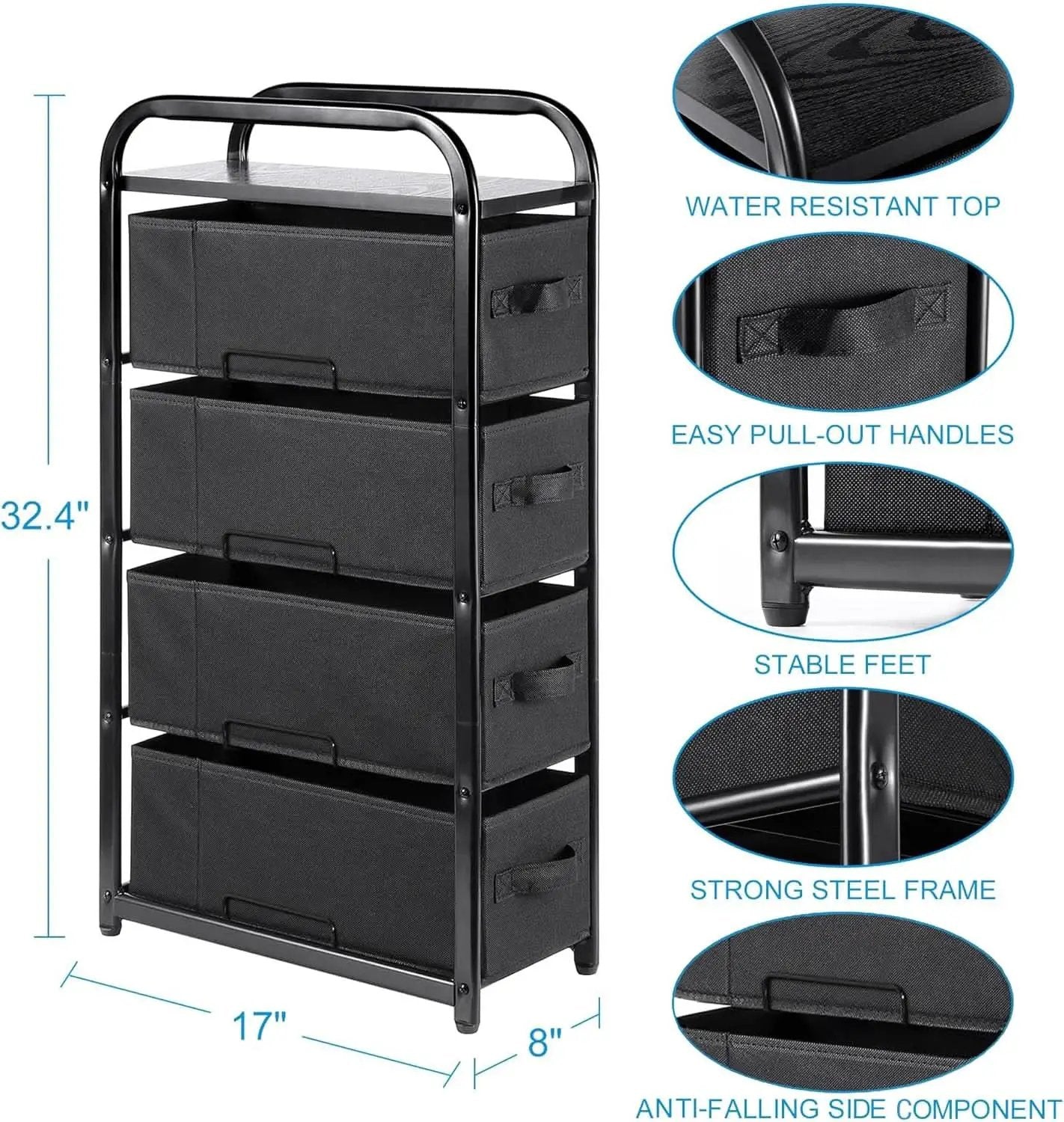 4 Drawer Narrow Fabric Dresser Storage Tower With Wood Top Black from PriceLows™
