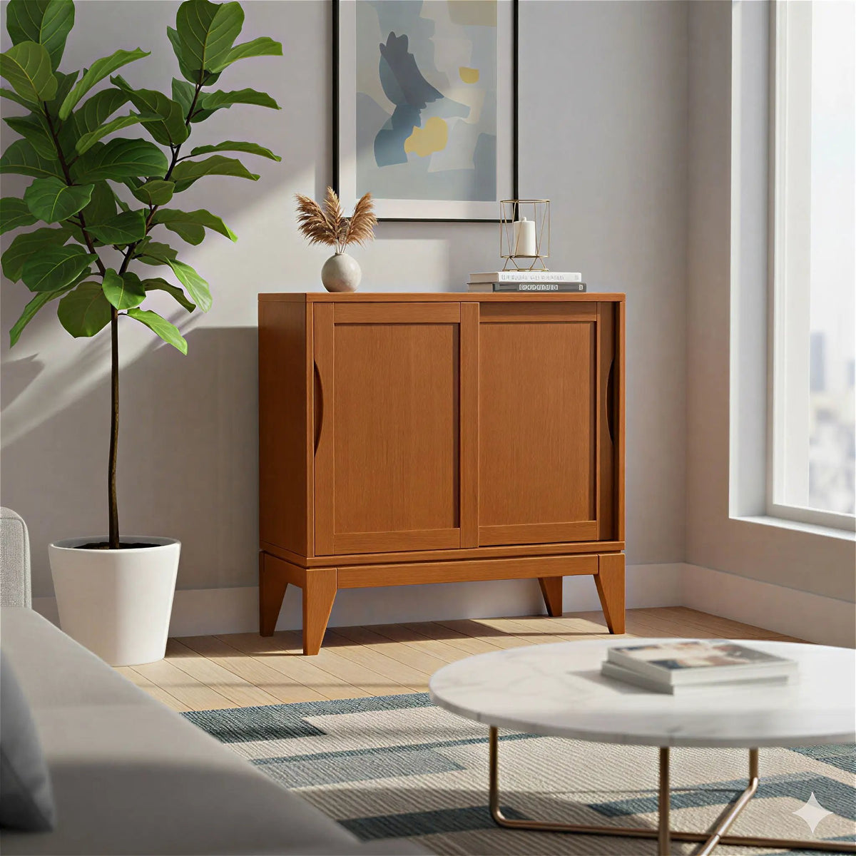 Harper Low Storage Cabinet | Handcrafted Rubberwood | Two Sliding Doors | Two Adjustable Shelves