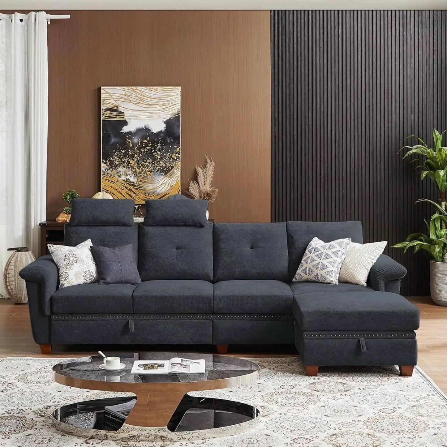 L Shaped Sectional Sofa With Storage Chaise Dark Grey from PriceLows™