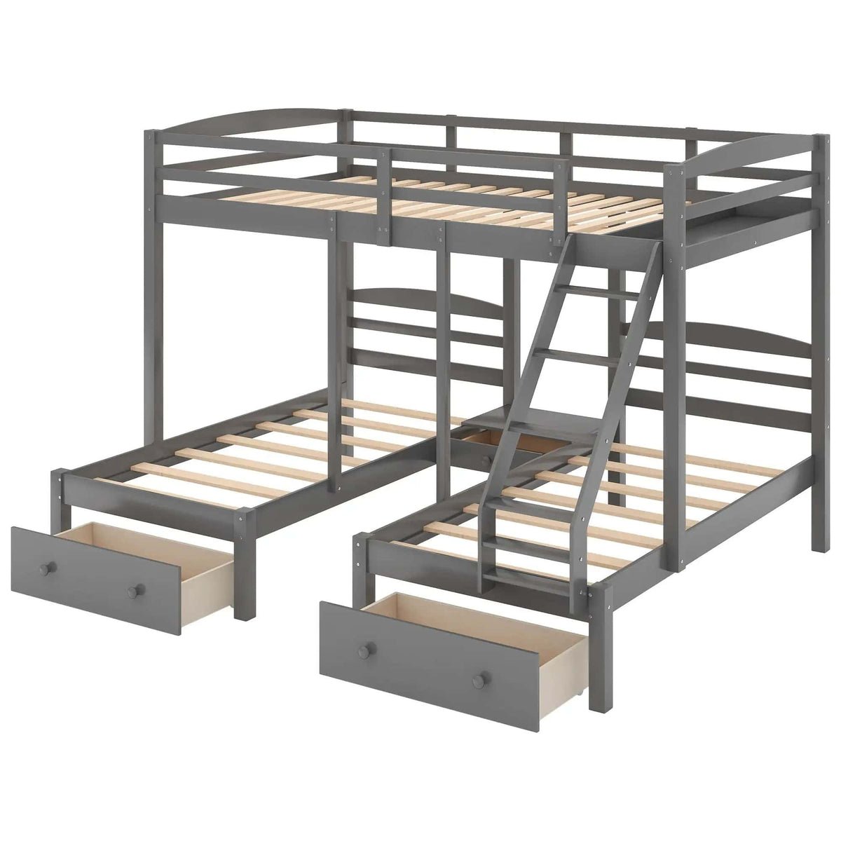 Full Over Twin & Twin Bunk Bed, Triple Bunk Bed With Drawers - | Bunk Bed | Pine Wood & Mdf | Gray