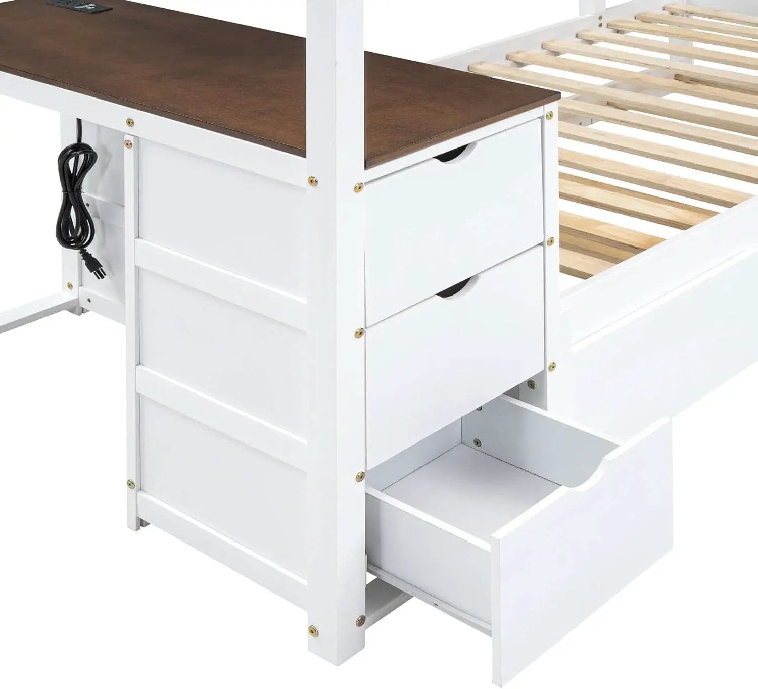 Twin Over Twin Bunk Bed With Desk USB Ports White Walnut from PriceLows™