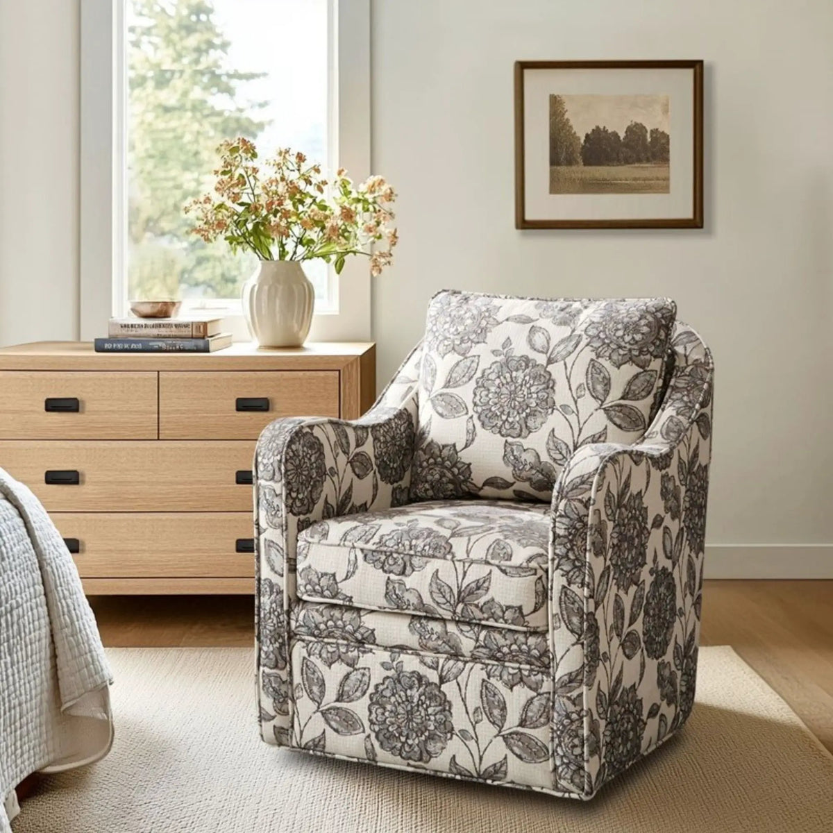 Wide Seat Swivel Arm Chair | 360 Degree Rotation | 300 Lb Capacity | Loose Back Pillow