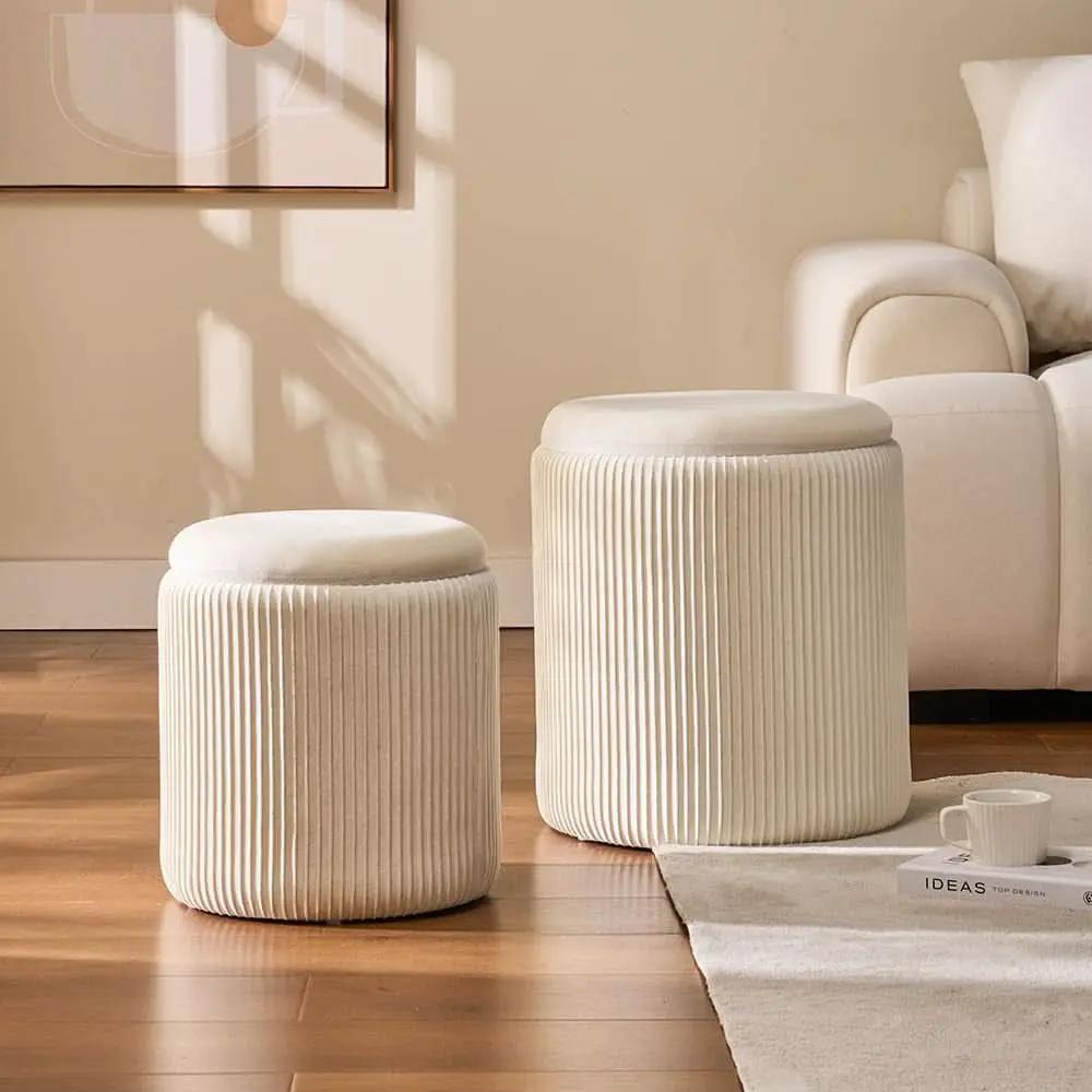 White Storage Ottoman Round Velvet Upholstered Set from PriceLows™