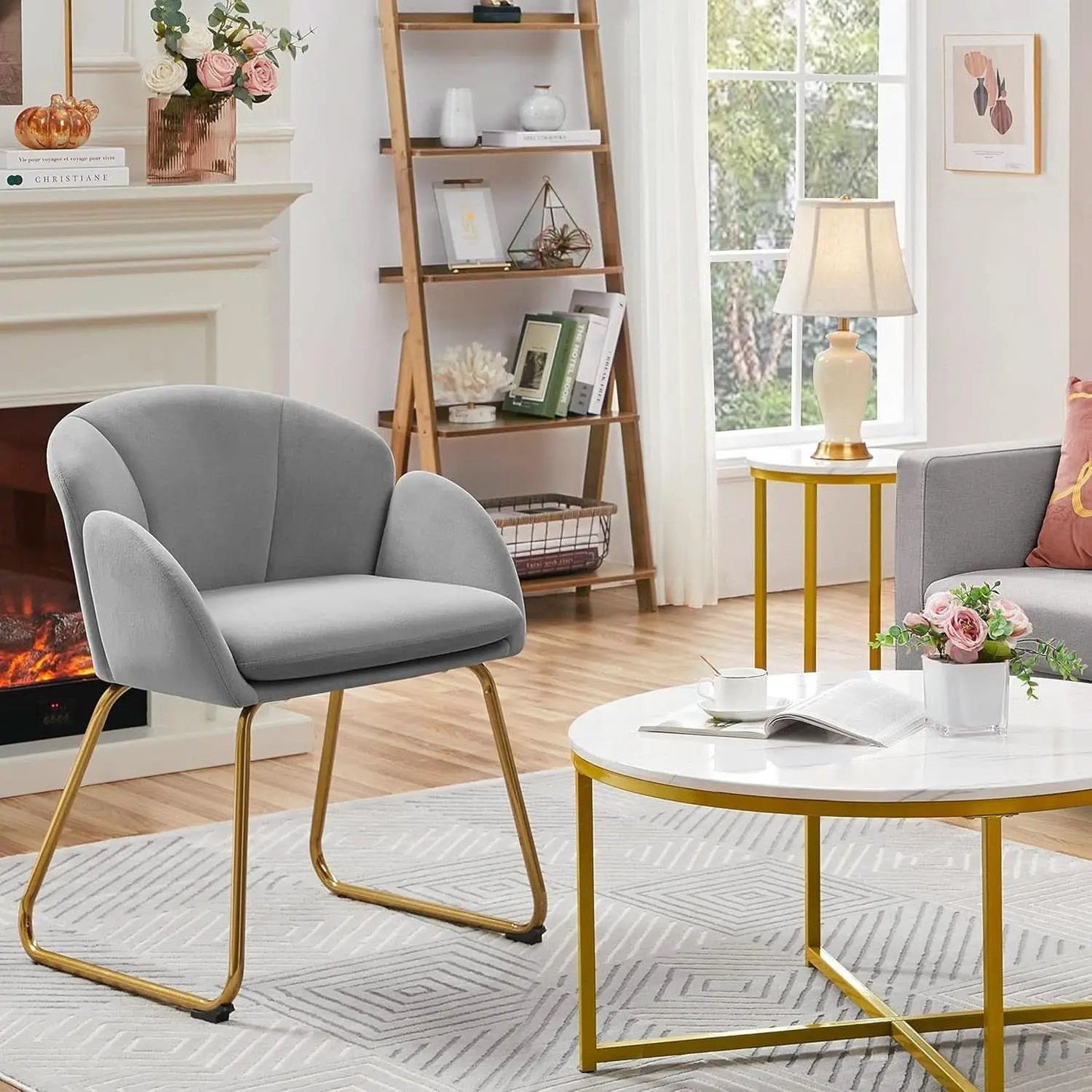 Gray Velvet Flower Shape Vanity Chair With Gold Metal Legs from PriceLows™