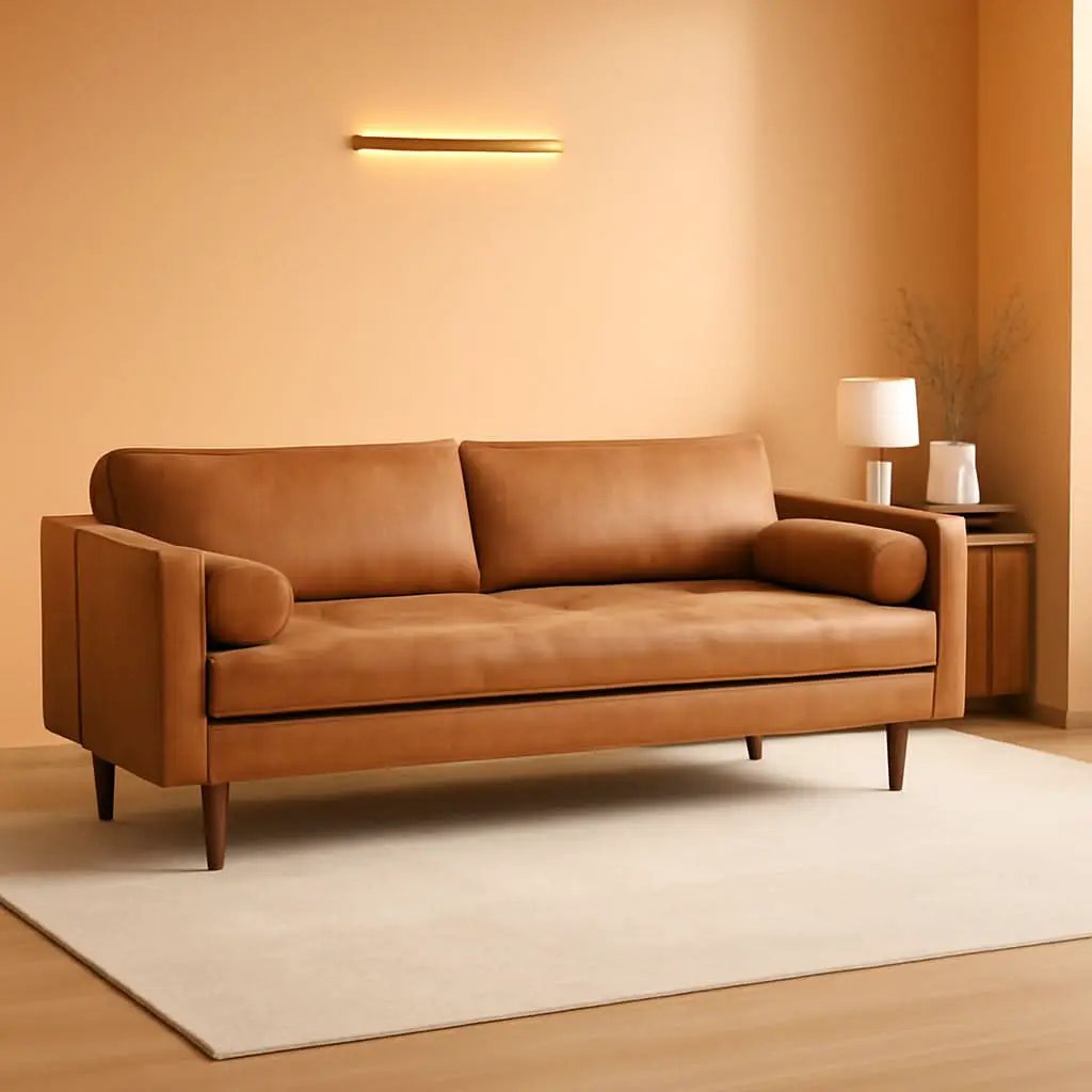 Cognac Tan Leather Mid Century Sofa With Bolsters In Stock from PriceLows™