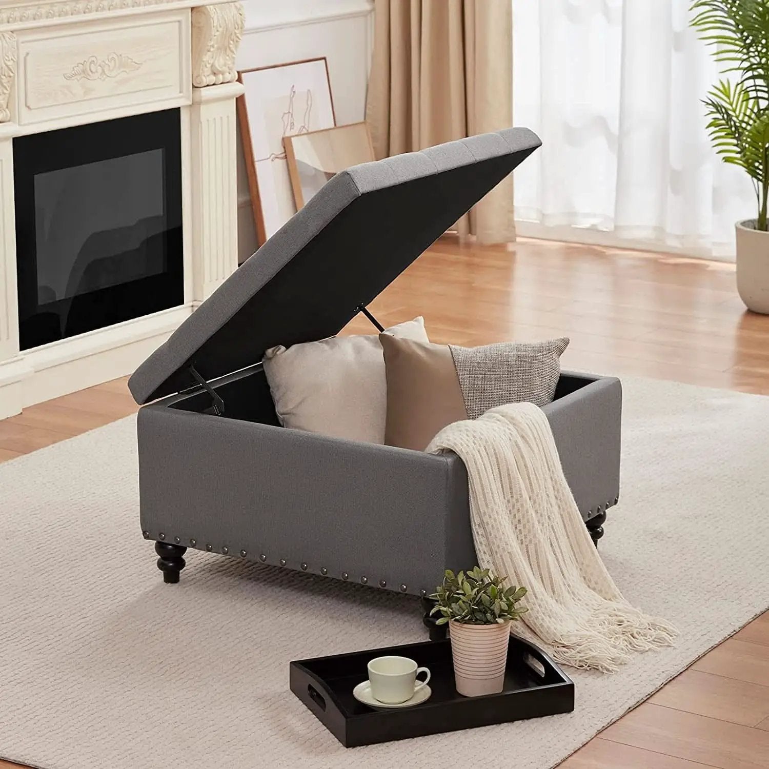 Grey Tufted Storage Ottoman With Tray Square Coffee Table from PriceLows™