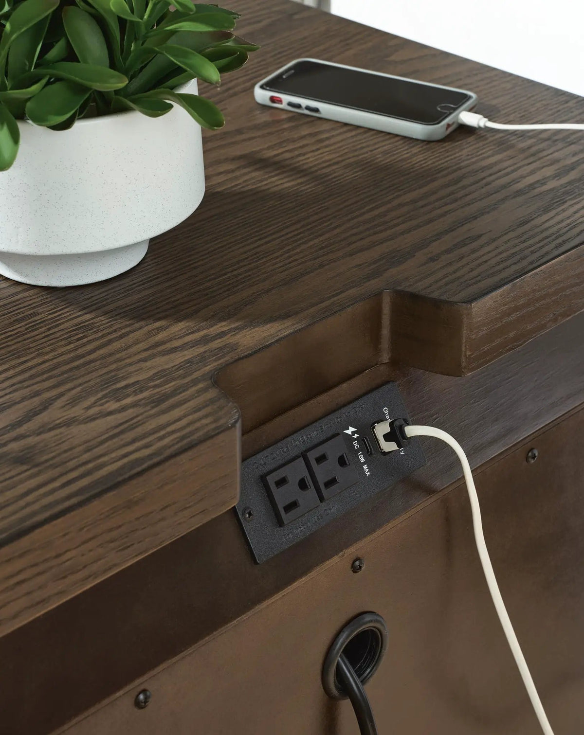 Radkin Two Drawer Nightstand | Charging | Burnished Brown | Lined Top Drawer