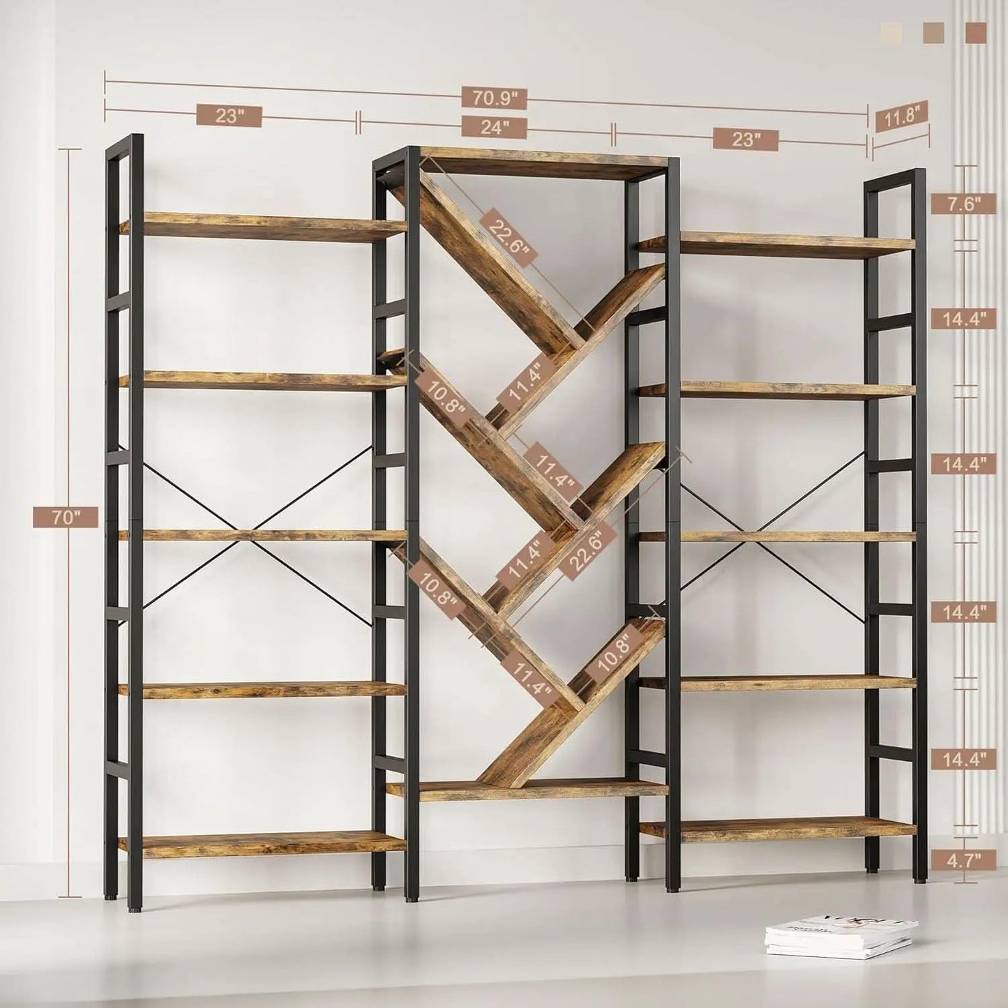 Rustic Brown 5 Tier Wooden Bookcase With Metal Frame from PriceLows™