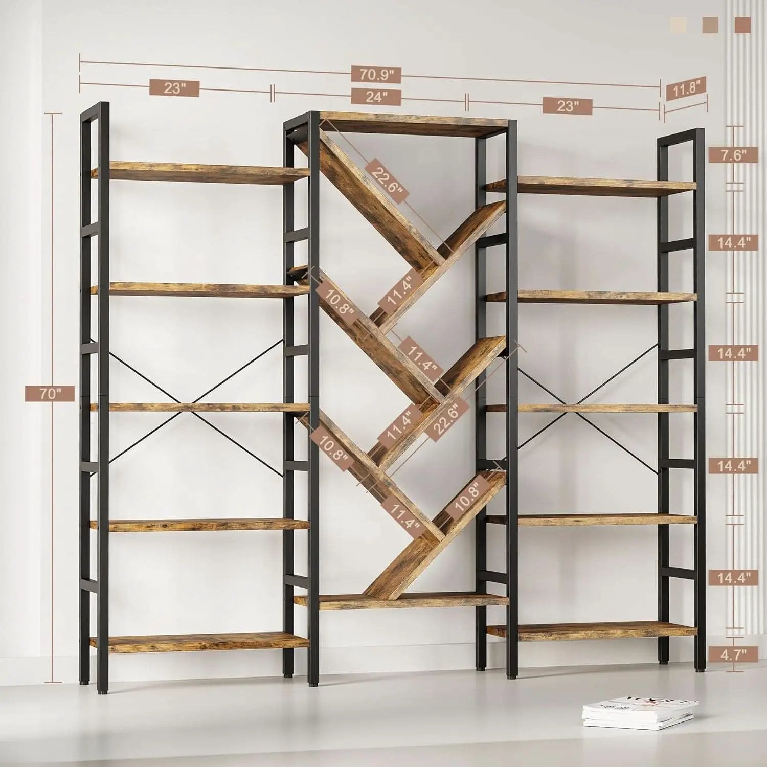 Rustic Brown 5 Tier Wooden Bookcase With Metal Frame from PriceLows™