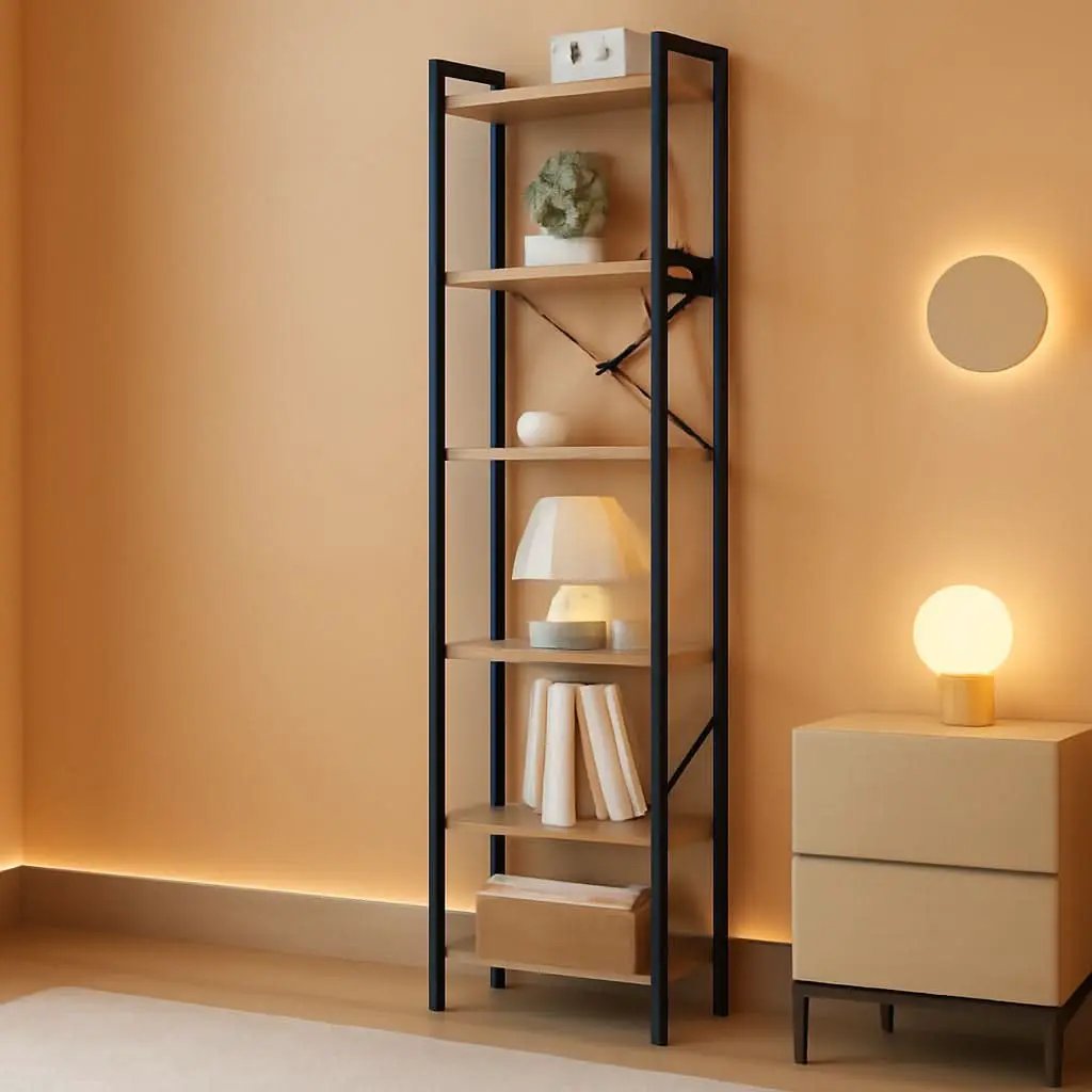 Greige Six Tier Narrow Bookshelf With Two Hooks Industrial from PriceLows™