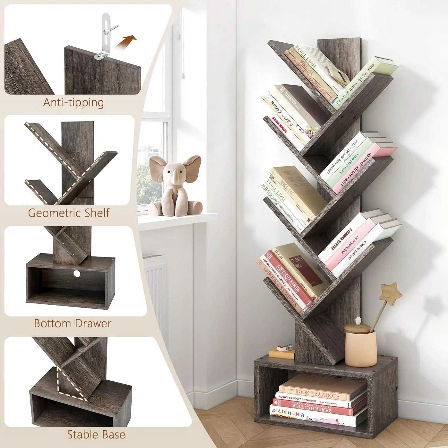 6 Tier Tree Bookshelf Bookcase With Drawer Grey Office from PriceLows™