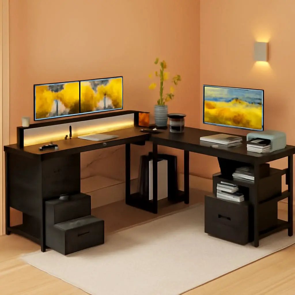 66 Inch L Shaped Computer Desk With LED Lights And Power Outlet from PriceLows™