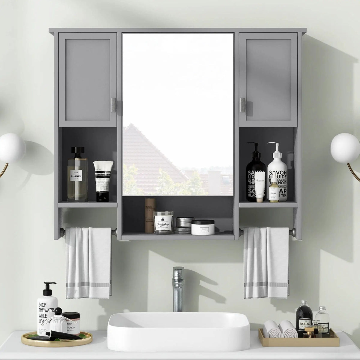 Wall Mounted Bathroom Cabinet With Mirror | Towel Bar | Closed Cabinets And Open Shelves | 35 Inch Width