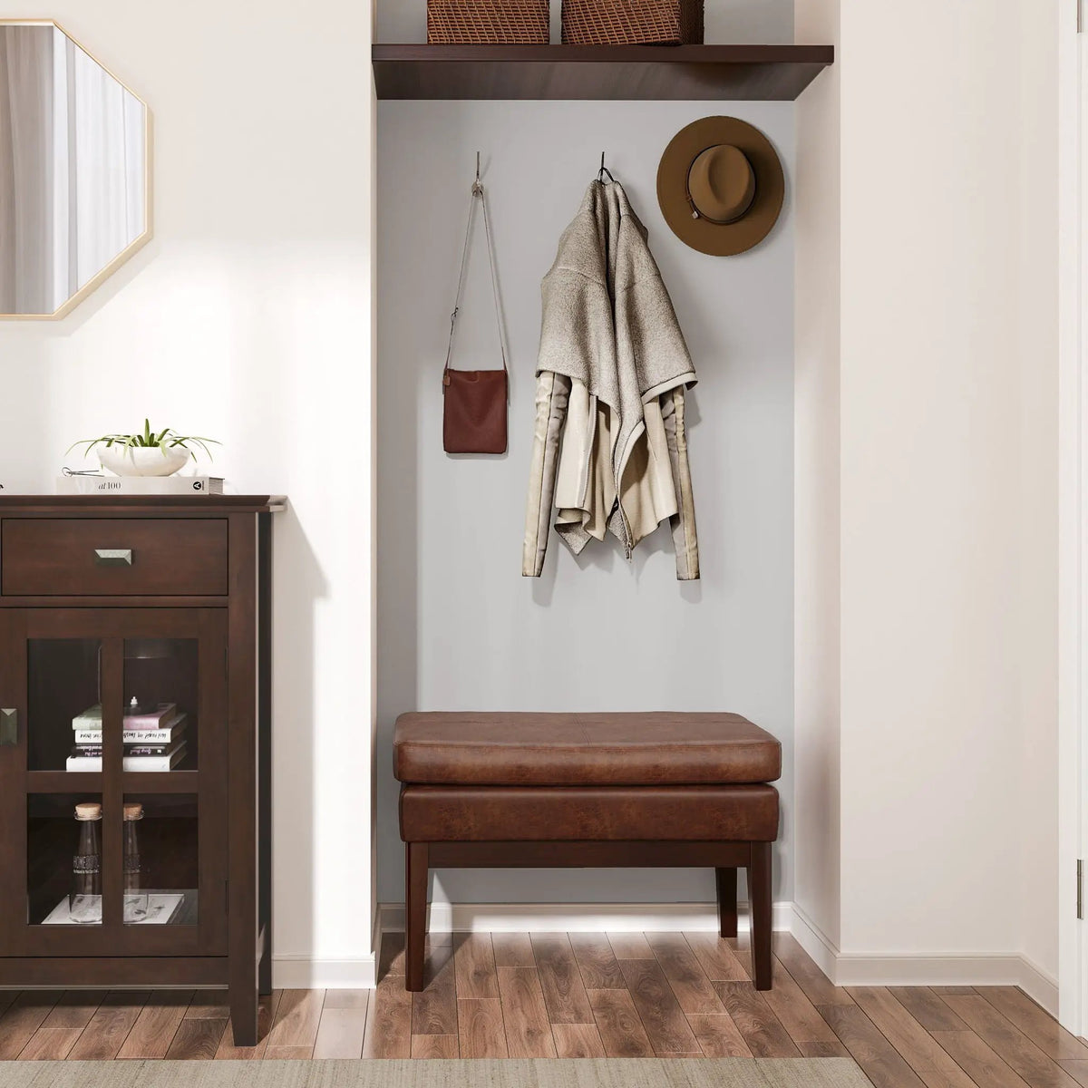 Carlson Ottoman Bench | Mid-Century Design | Top Stitching Detail | Webbed Seat Support