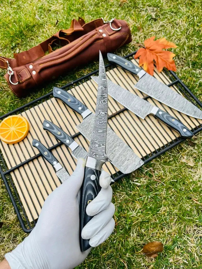 Luxury Custom Handmade Damascus Steel 5 Piece Kitchen Knife Set with G10 Handle | 5-Piece | Damascus Steel | Kitchen Knives Set