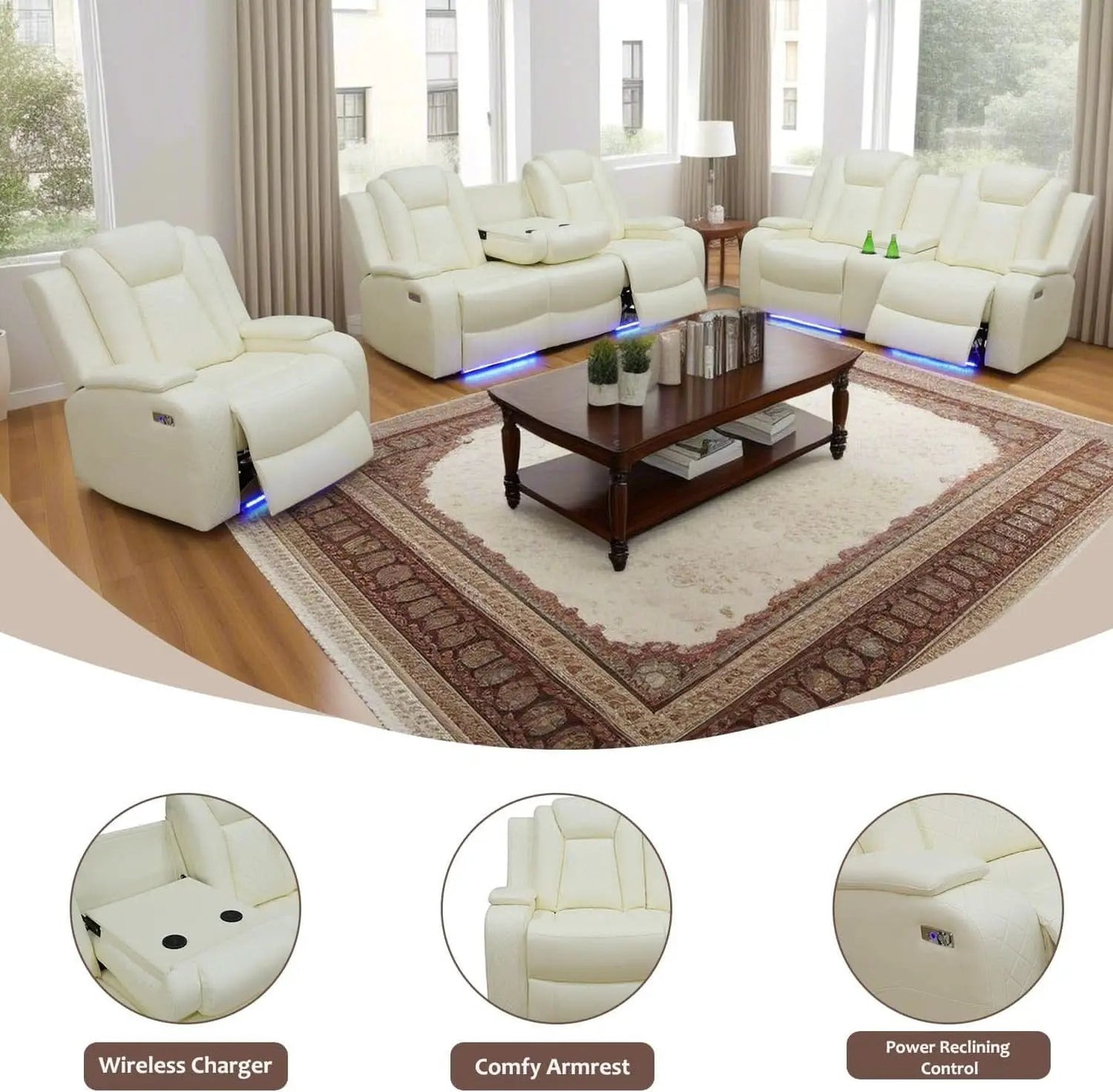 Power Reclining Sofa Set White Living Room Furniture from PriceLows™