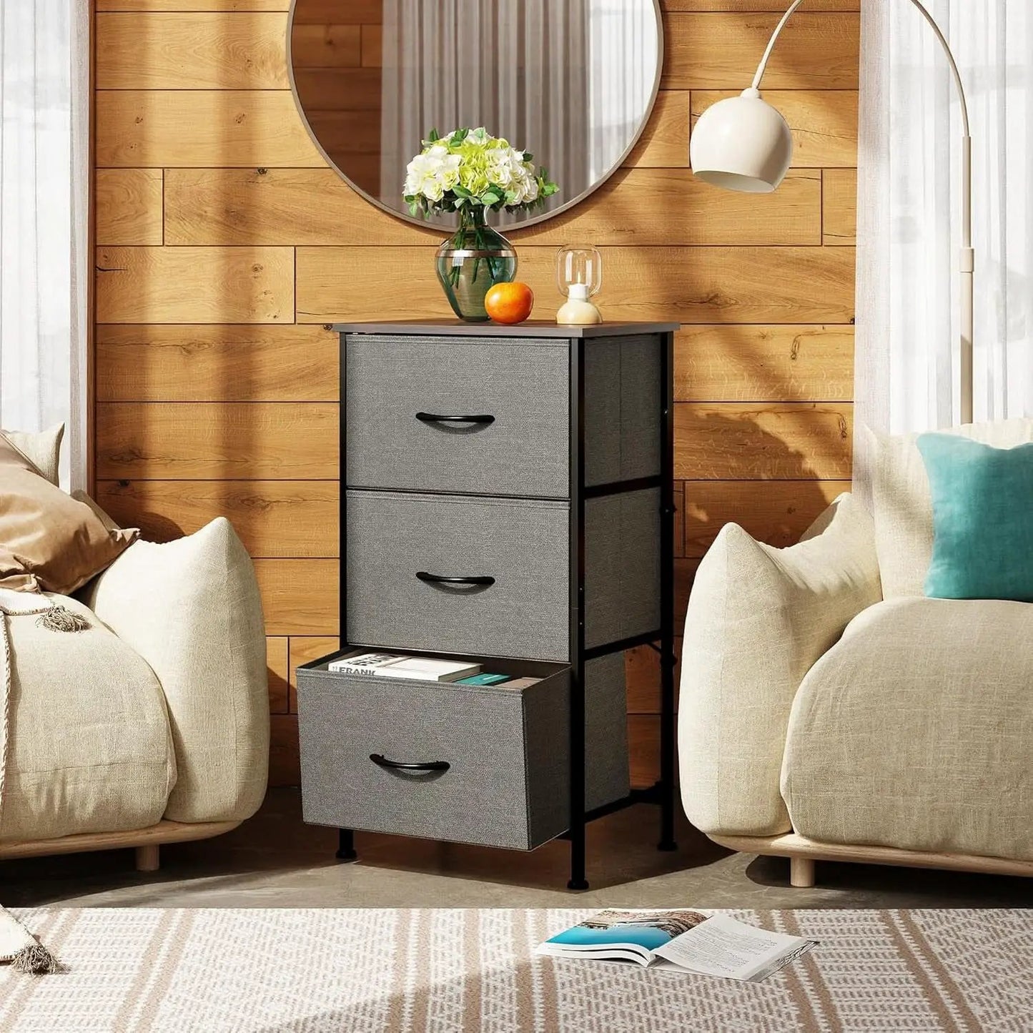Dark Grey Dresser With 3 Drawers, Steel Frame, Wood Top from PriceLows™