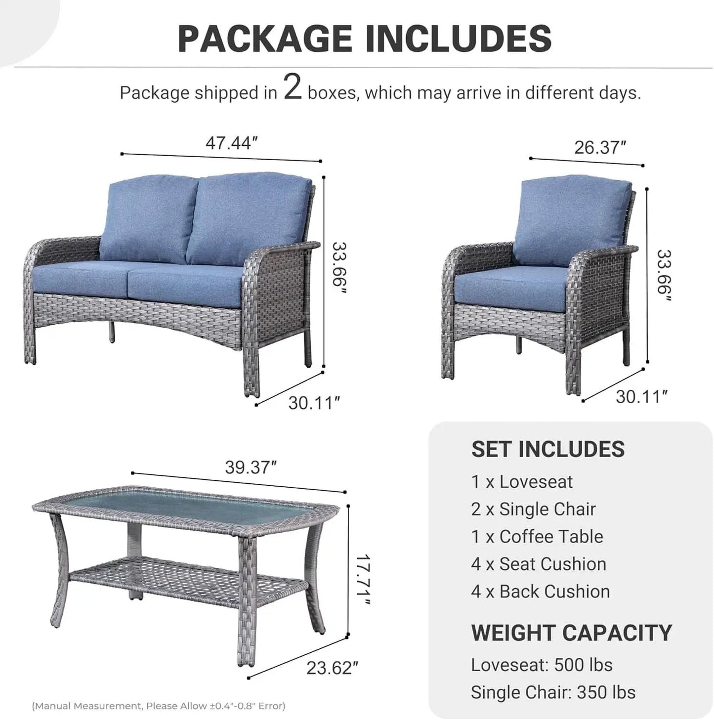 Denim Blue 4 Piece Outdoor Patio Furniture Set Cushions from PriceLows™