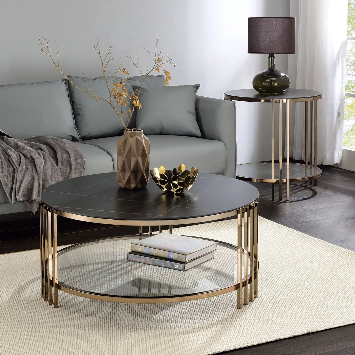 Abisha Round Coffee Table | 35 Inch Diameter | Sintered Stone Top | Champagne Metal Frame