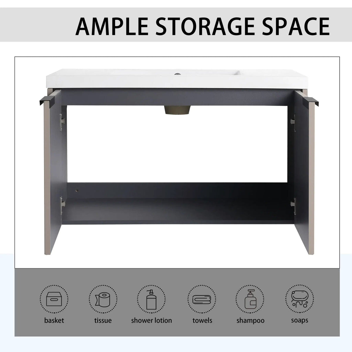 Contemporary Wall Mounted Bathroom Vanity With Resin Double Sink | 6 Pieces | Metal & Plywood | Bathroom
