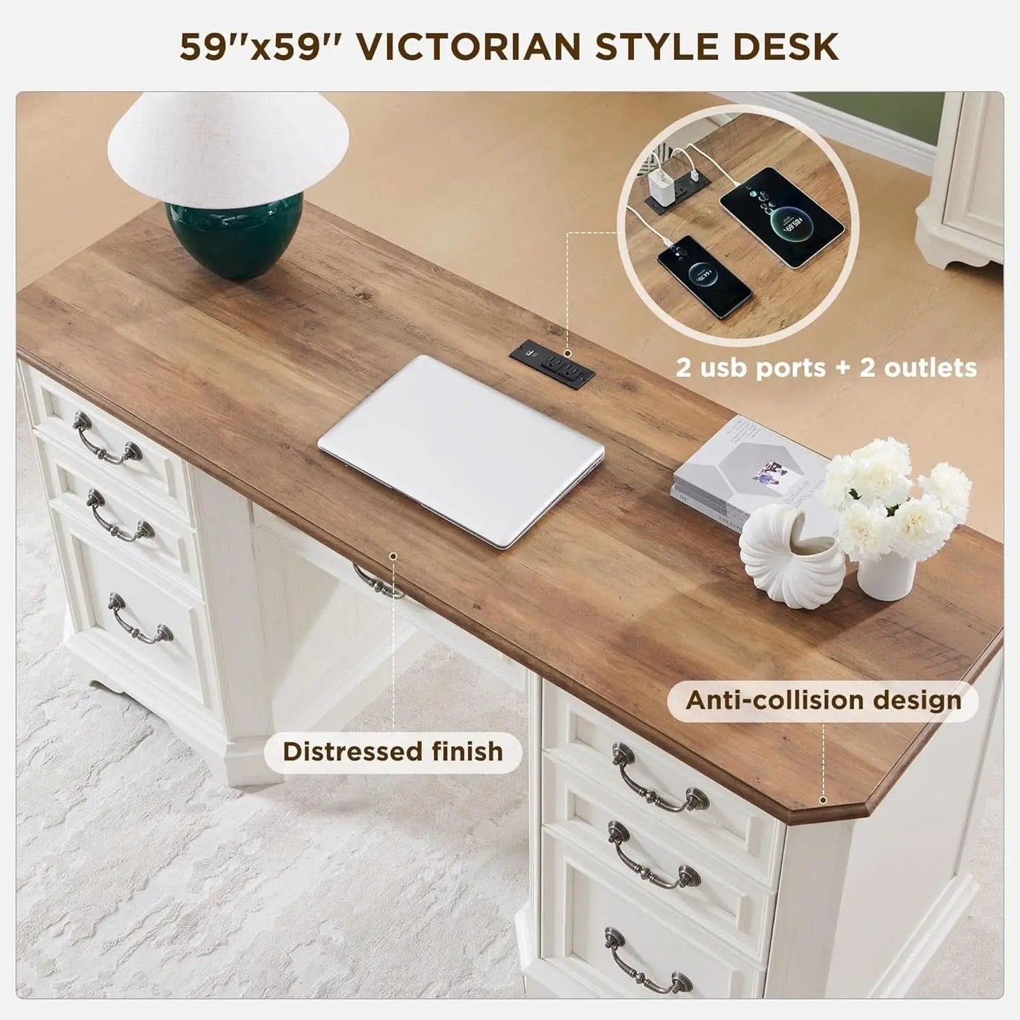 59 Victorian Farmhouse Executive Desk Antique White from PriceLows™