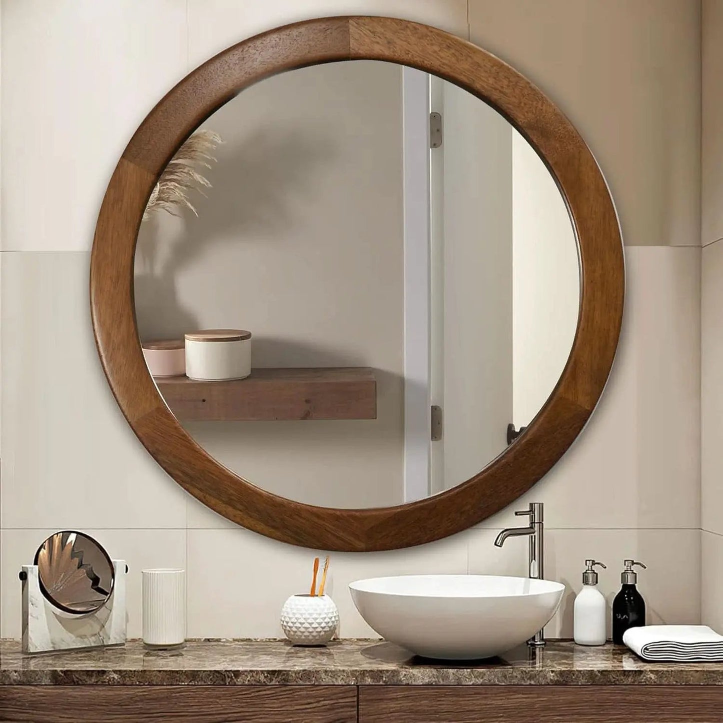 30 Inch Walnut Round Wall Mirror Rustic Style from PriceLows™