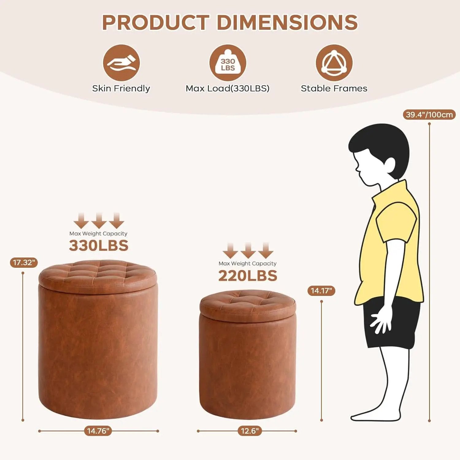 Dark Brown Faux Leather Round Storage Ottoman from PriceLows™