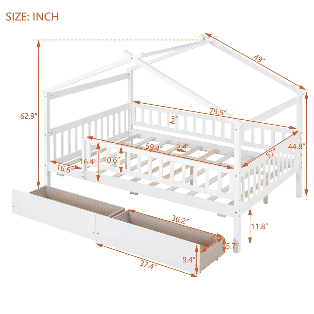 Kids House Bed With 2 Drawers | Sky Roof Design | Classic House Shape | 62.9 Inch Height