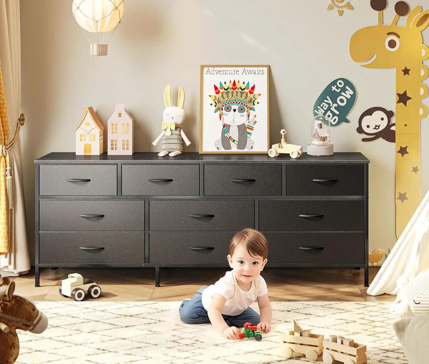 63 Inch TV Stand Dresser With 10 Fabric Drawers Black from PriceLows™