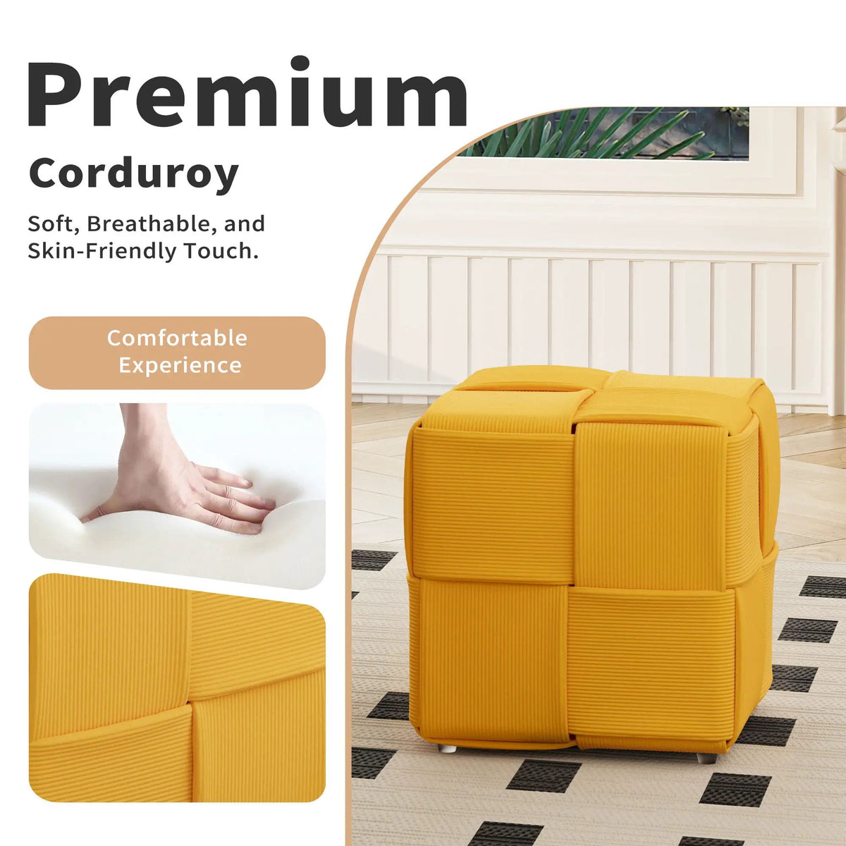 Modern Ottoman Foot Rest | Woven Design | Engineered Wood Frame | 14.2 Inch Cube