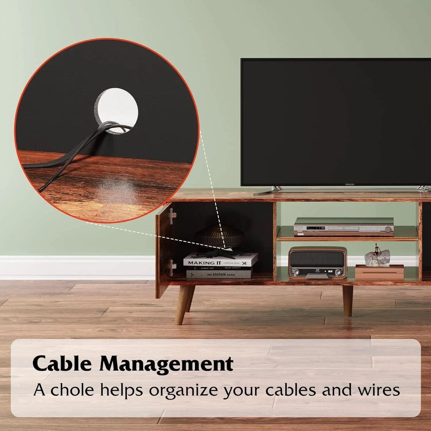 Mid Century TV Stand 55 to 60 Inch Retro Brown Finish from PriceLows™