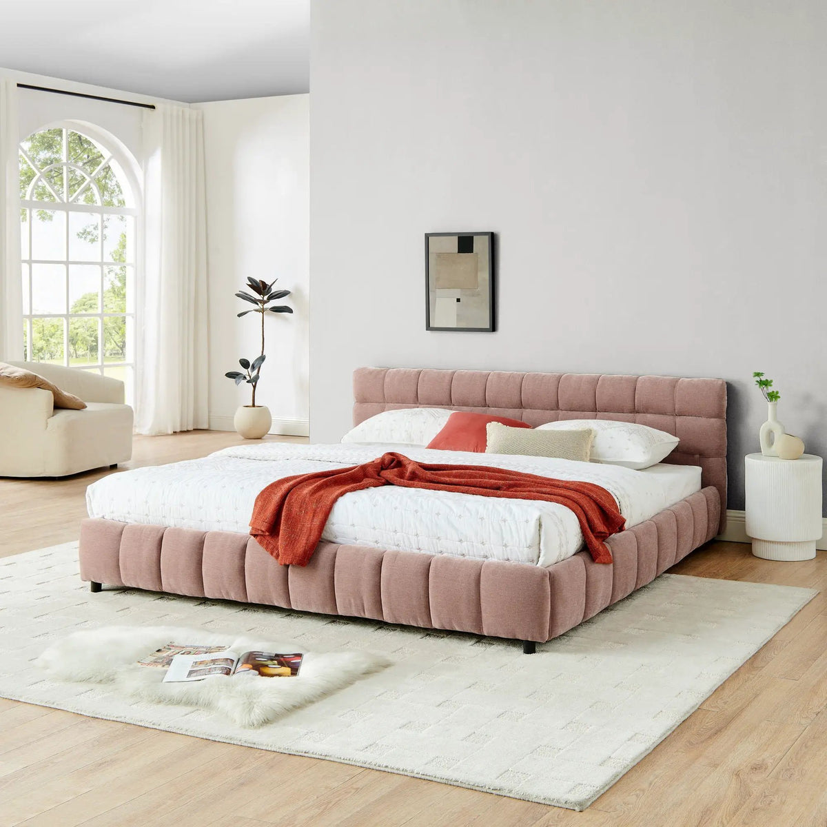 Modern Platform Storage Bed Frame | Thick Fabric Upholstery | Soft Headboard | Solid Construction