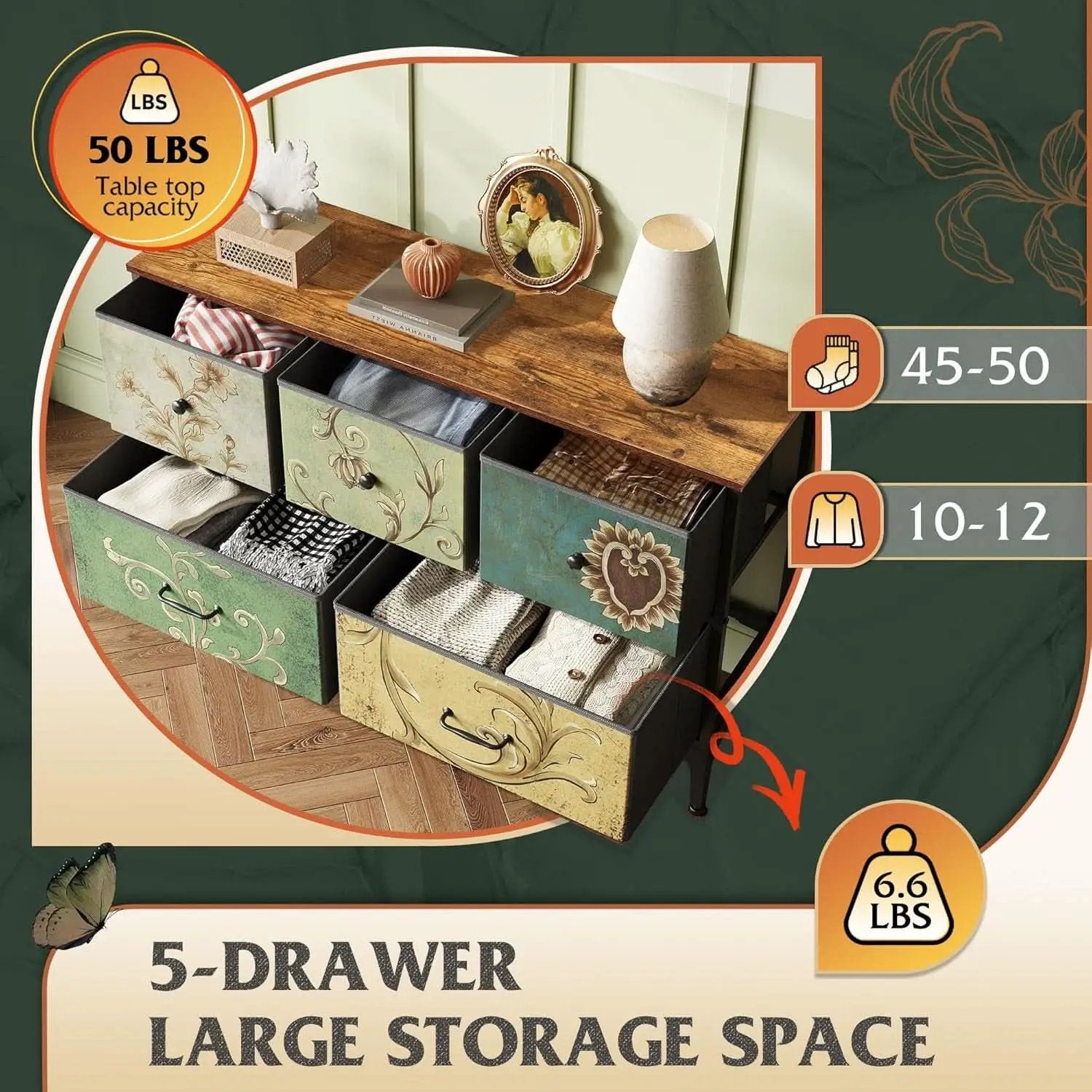 Floral Painted Dresser With 5 Drawers And Fabric Bins from PriceLows™