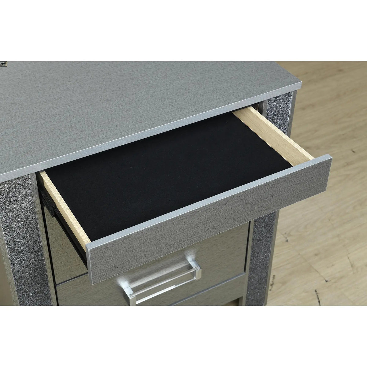 Lorenzo Nightstand | Silver Finish | Hidden Jewelry Compartment | Acrylic Bar Handles