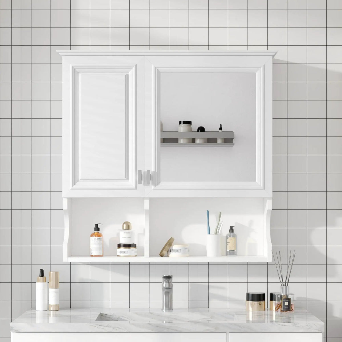 Wall Mounted Mirror Medicine Cabinet | 30 Inch Width | Doors And Open Shelves | Adjustable Shelf