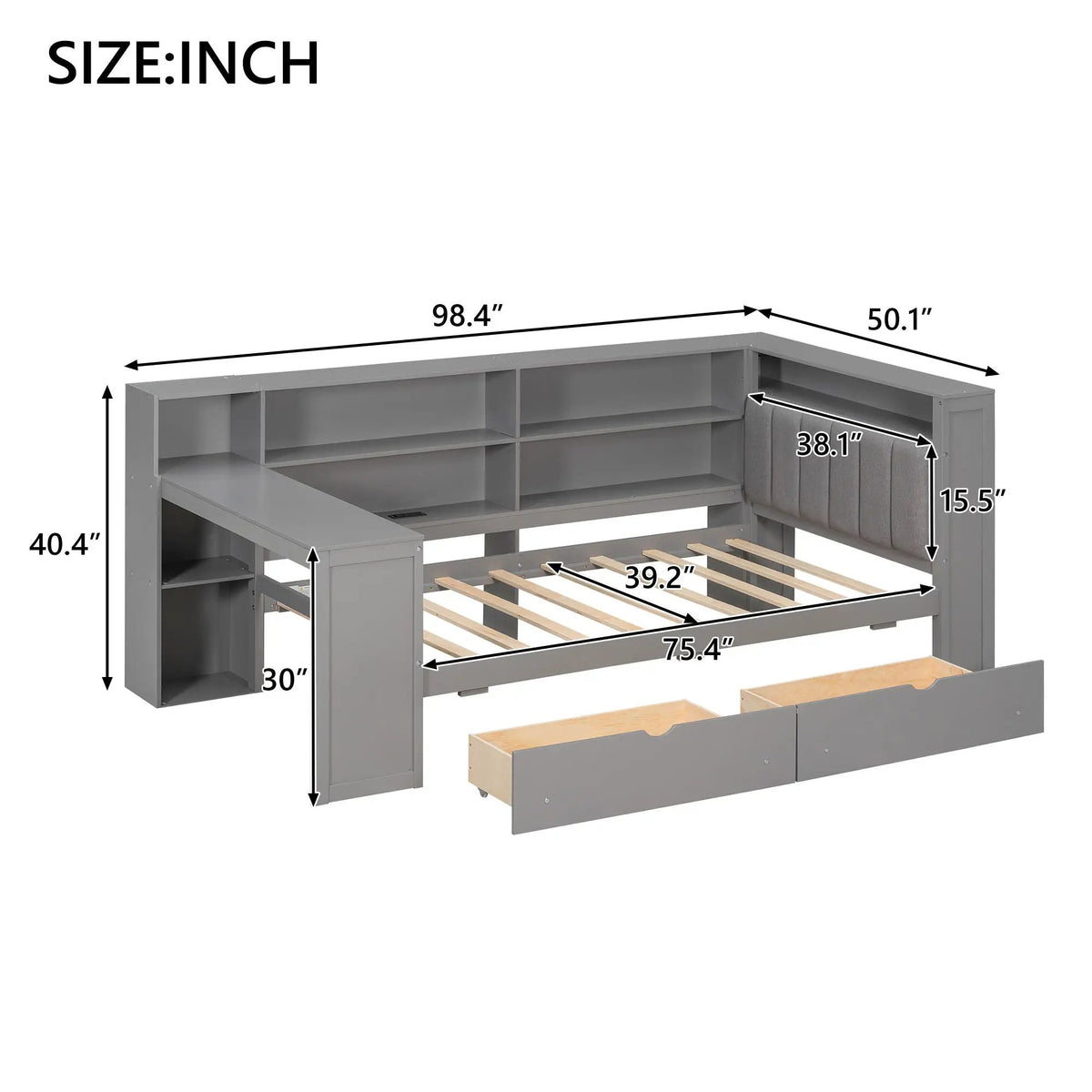 Upholstered Platform Storage Bed | Eight Open Shelves | Two Drawers | LED Lighting And Charging Station