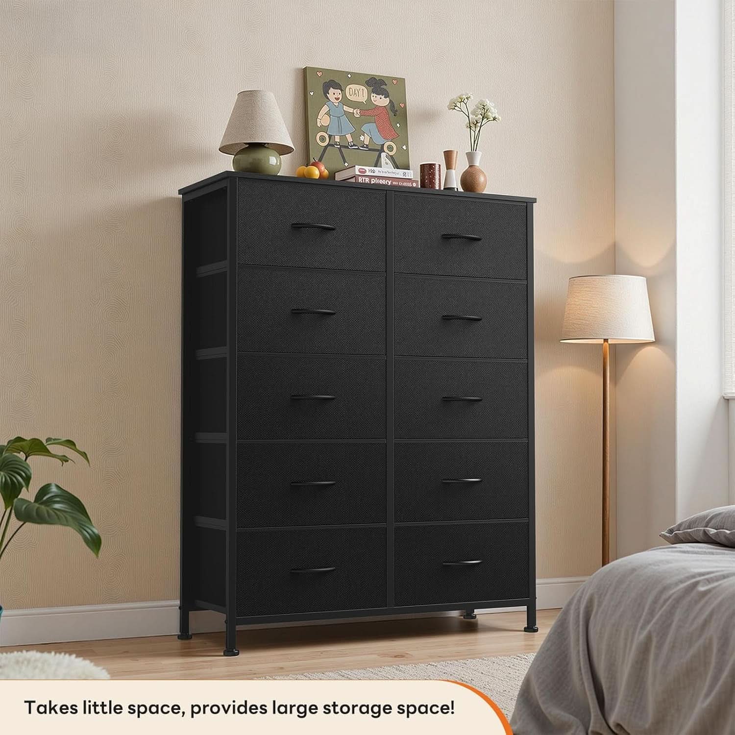 10 Drawer Dresser With Black Premium Fabric Finish And Durable Metal Frame For Bedroom Storage And Organization from PriceLows™