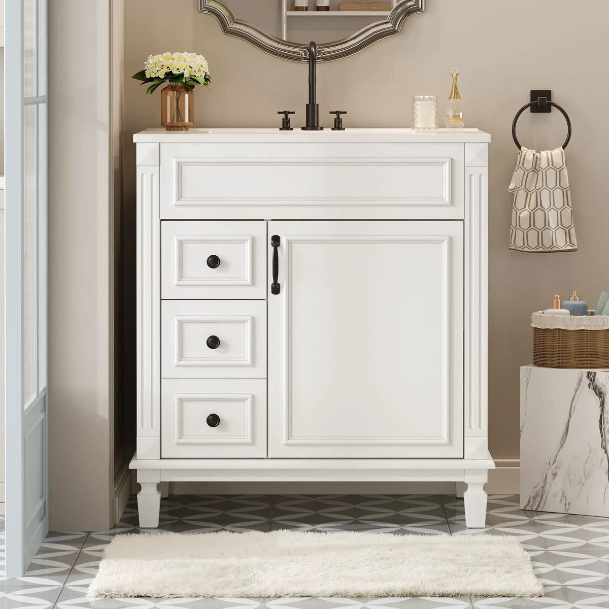 Bathroom Vanity With Sink, Cabinet With 2 Drawers And Adjustable Shelf | 2 Pieces | Solid Wood & Iron | Bathroom
